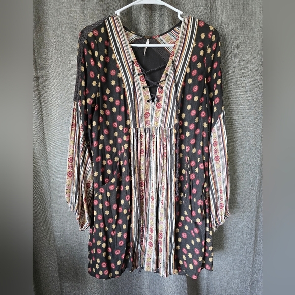 Free People Rain Or Shine Mini Boho Lace-Up Dress Tunic Flowy Woman Size XS - Picture 1 of 6